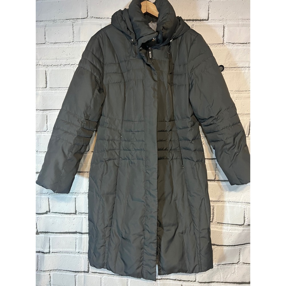 Calvin Klein Womens Down Puffer Coat Long Quilted Parka Hooded Dark Green Grey L